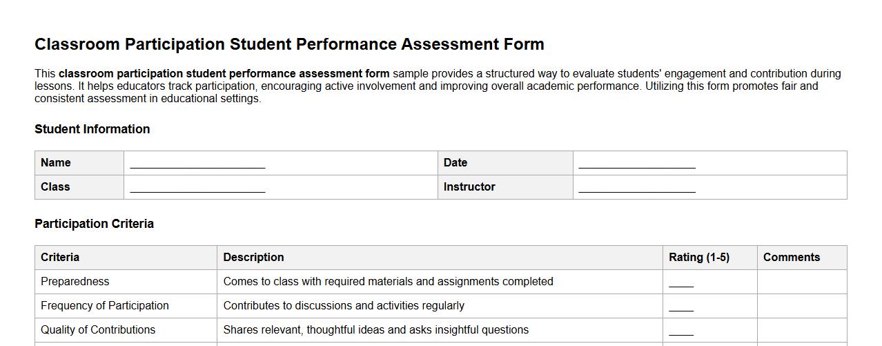 Classroom participation student performance assessment form sample image preview