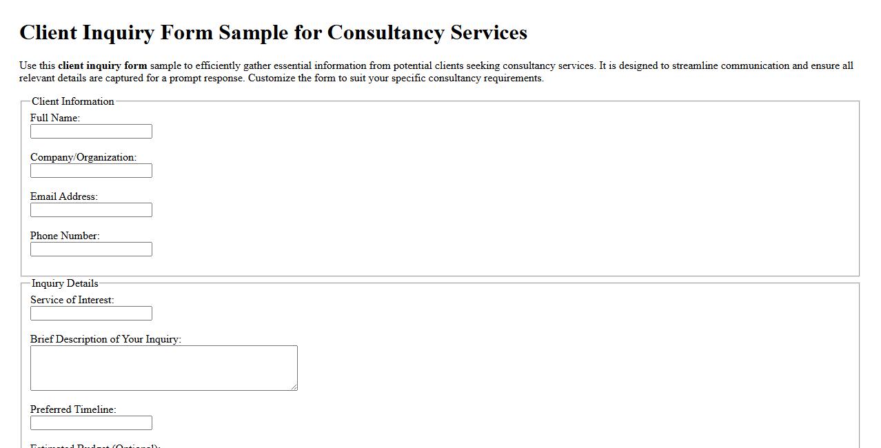 Client inquiry form sample for consultancy services image preview