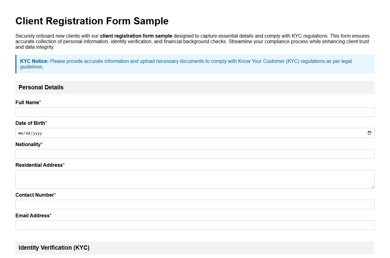 client registration form sample with KYC details image preview
