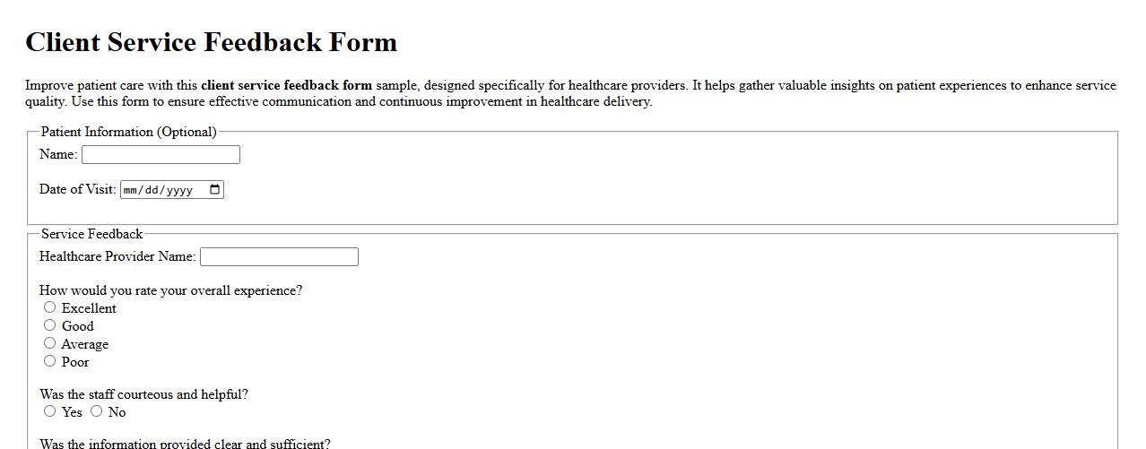 Client service feedback form sample for healthcare providers image preview