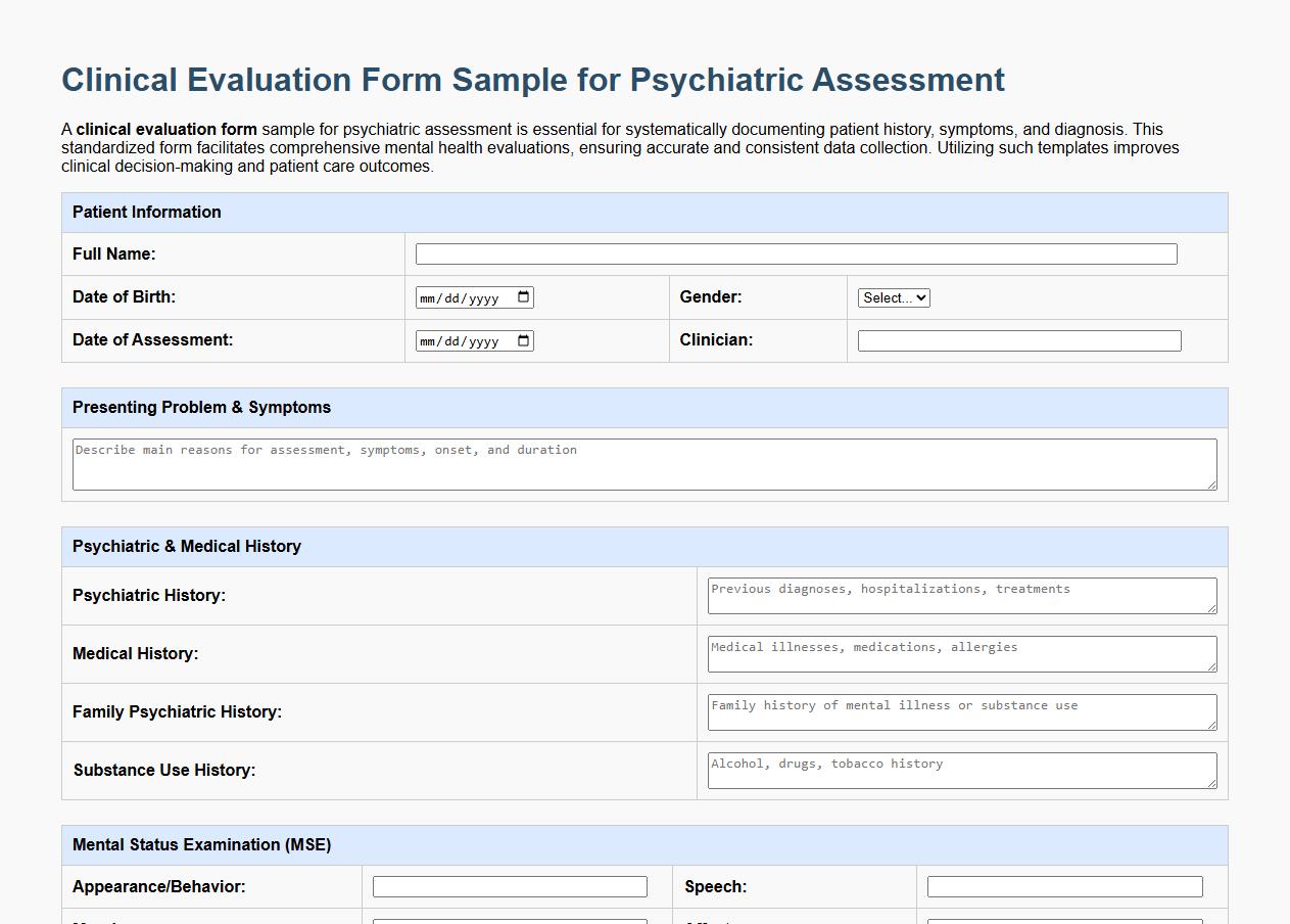 Clinical evaluation form sample for psychiatric assessment image preview