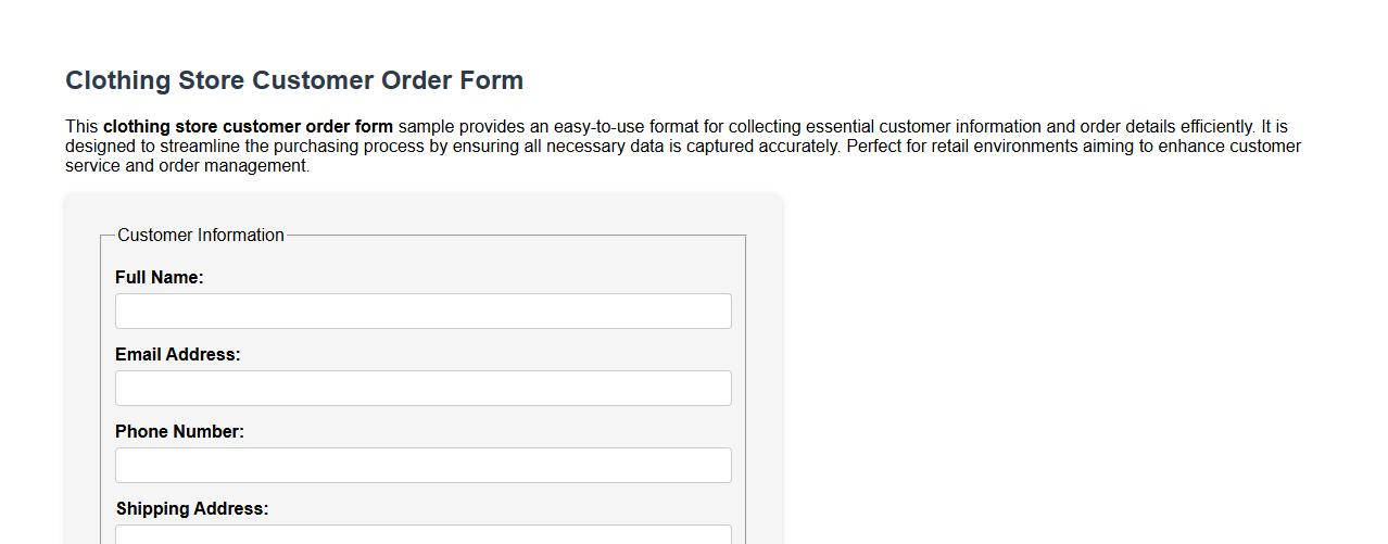 Clothing store customer order form sample image preview