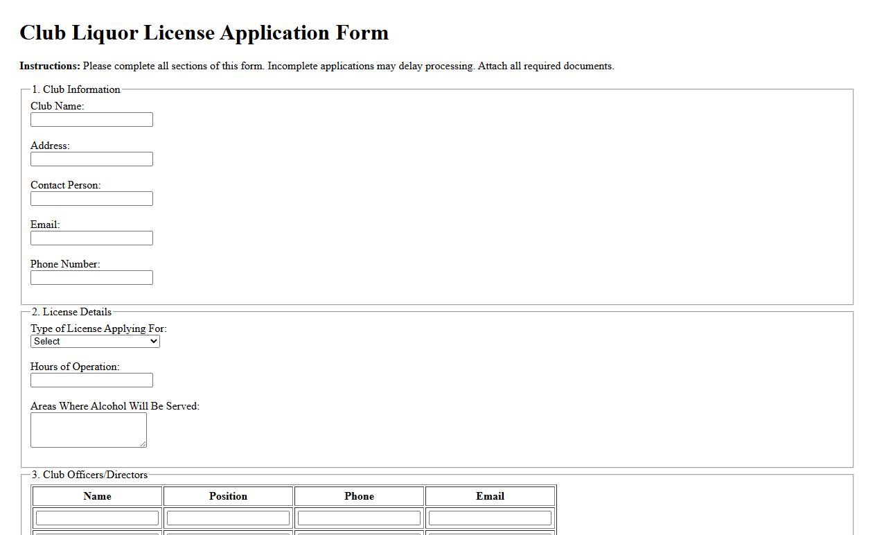 club liquor license application form sample document image preview