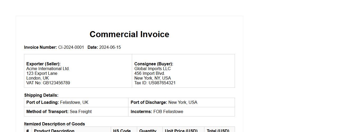 commercial invoice form sample with itemized description image preview