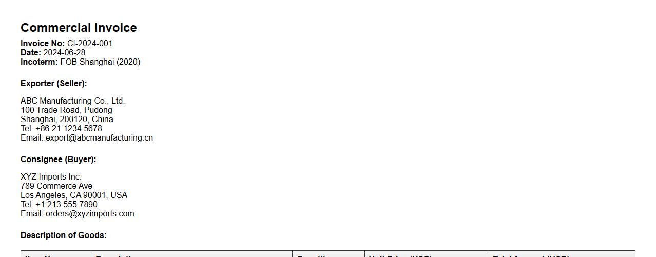 commercial invoice sample with incoterms image preview