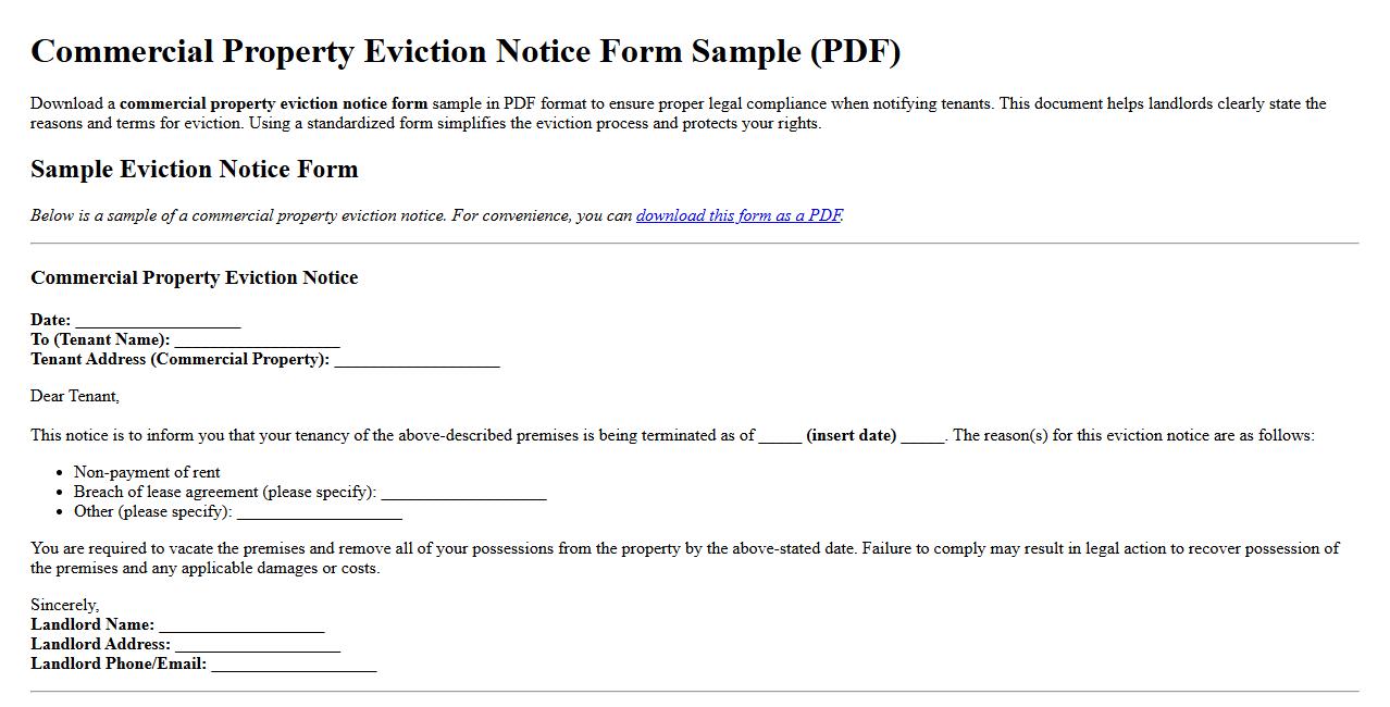 Commercial property eviction notice form sample PDF image preview