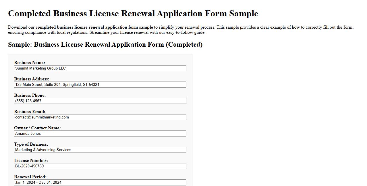 Completed business license renewal application form sample image preview