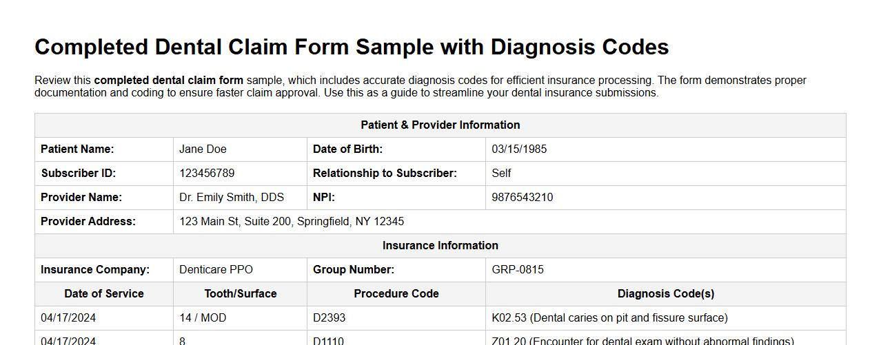 Completed dental claim form sample with diagnosis codes image preview