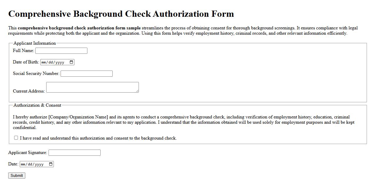 Comprehensive background check authorization form sample image preview
