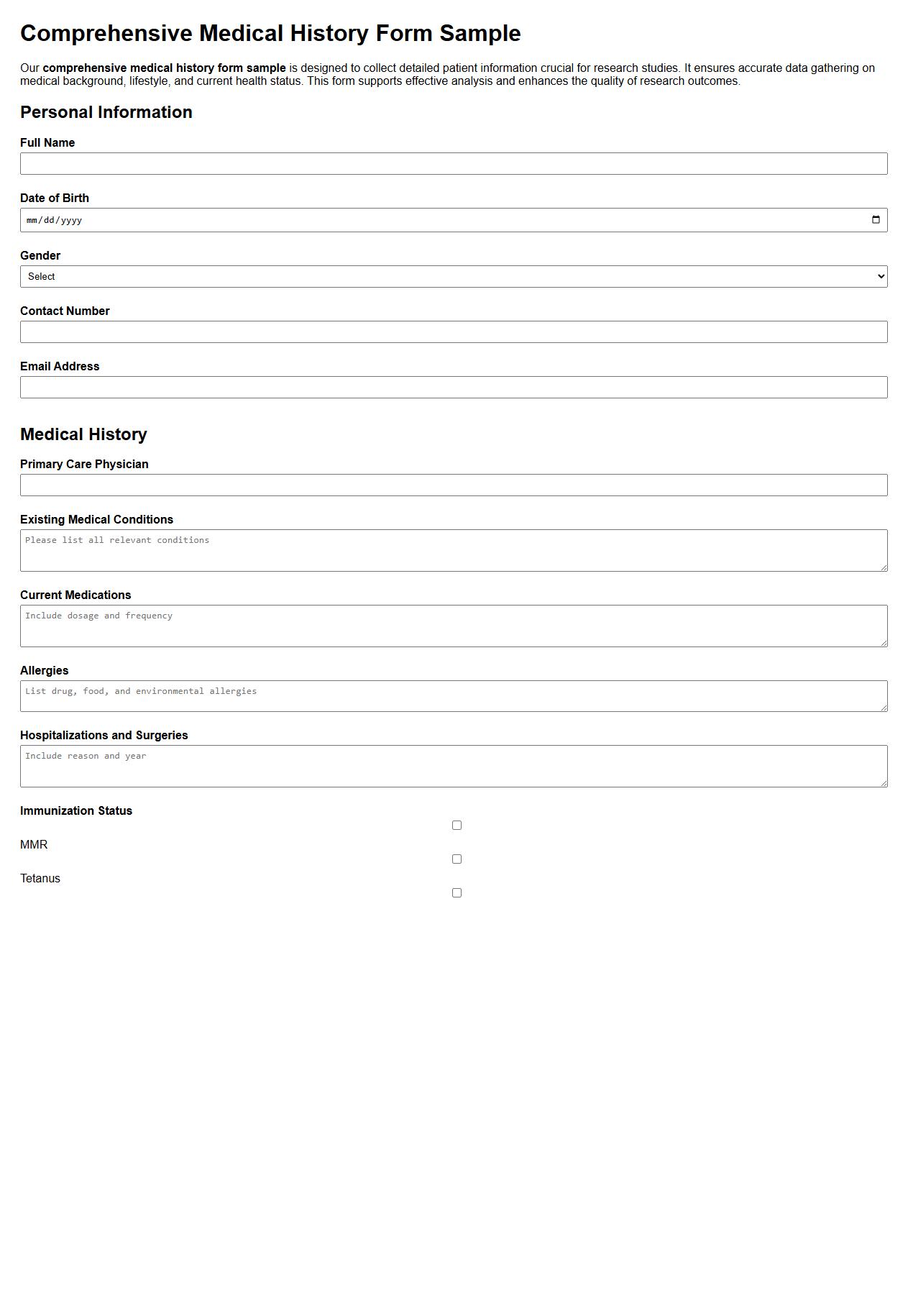 comprehensive medical history form sample for research studies image preview