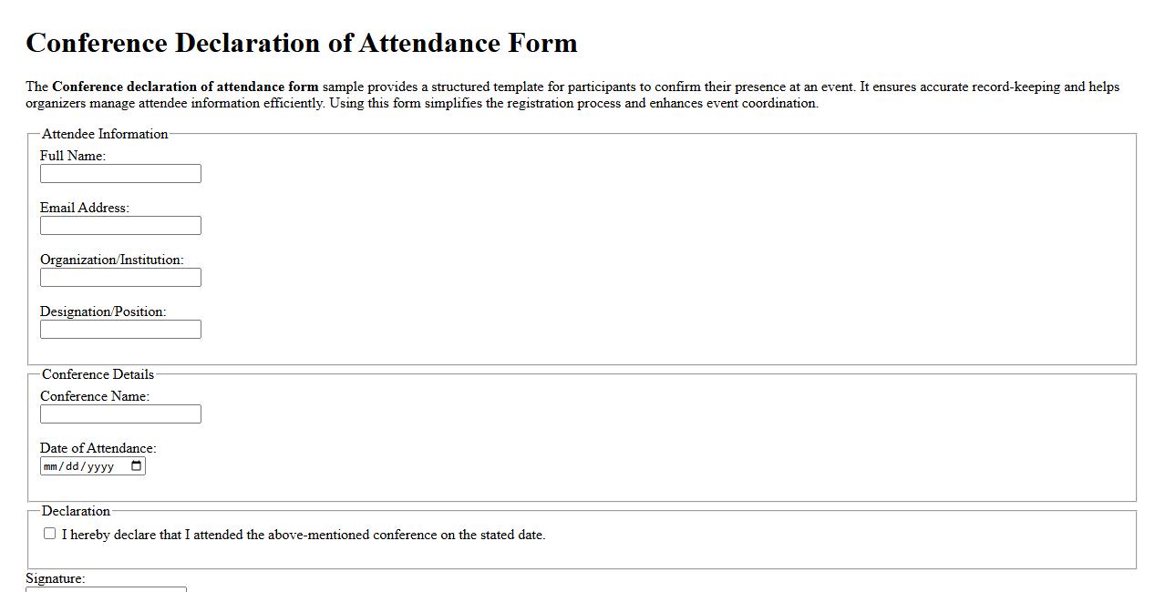 Conference declaration of attendance form sample image preview