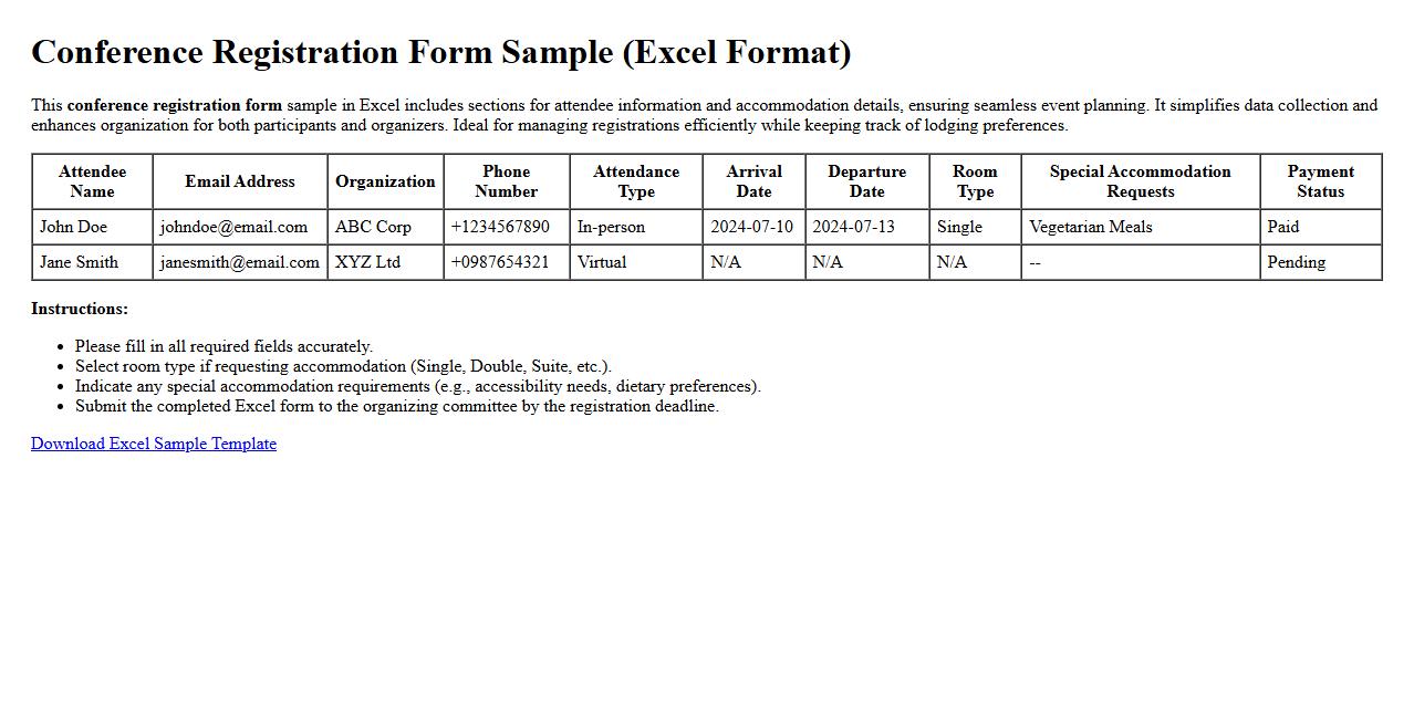 Conference registration form sample excel including accommodation details image preview