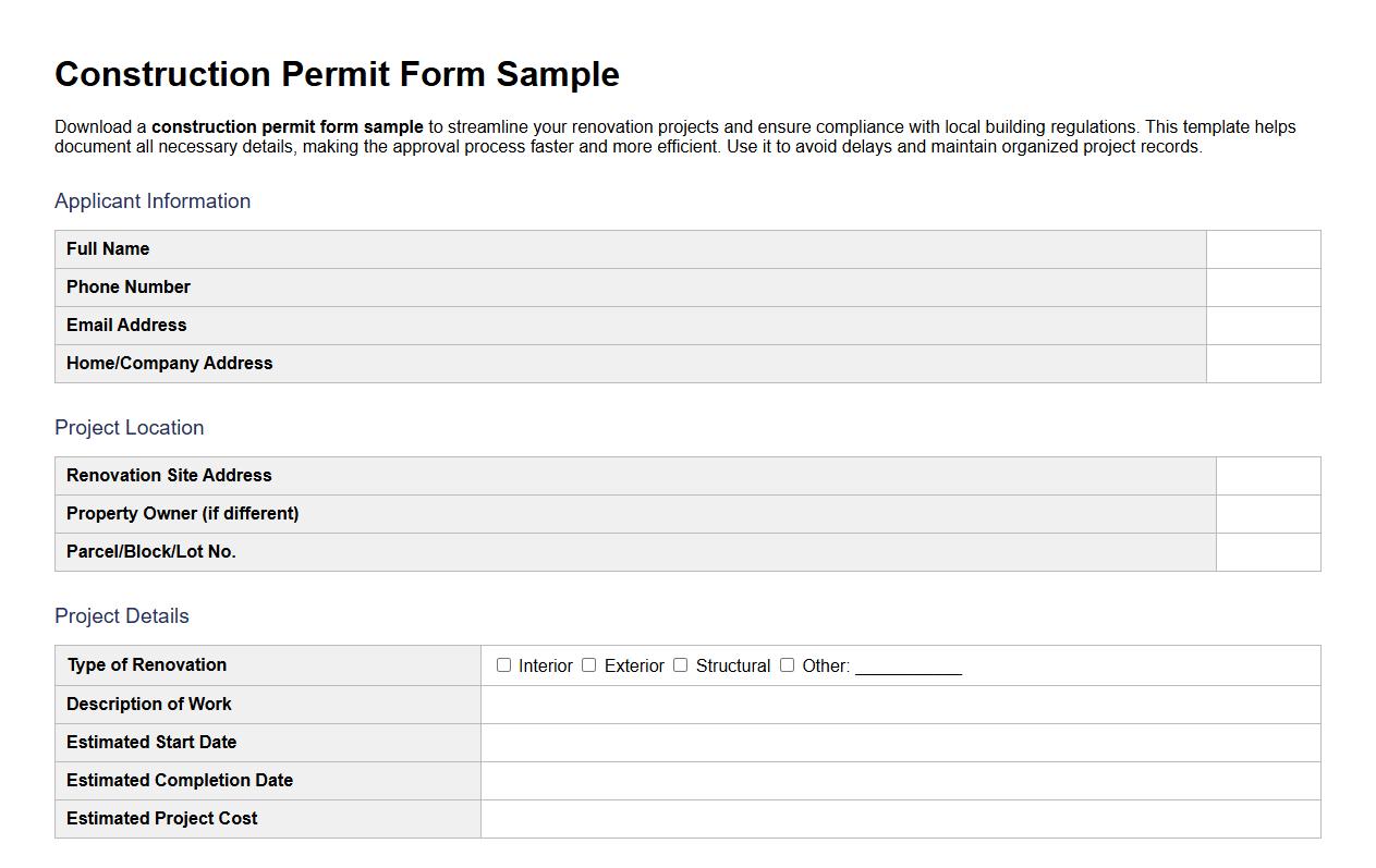 construction permit form sample for renovation projects image preview
