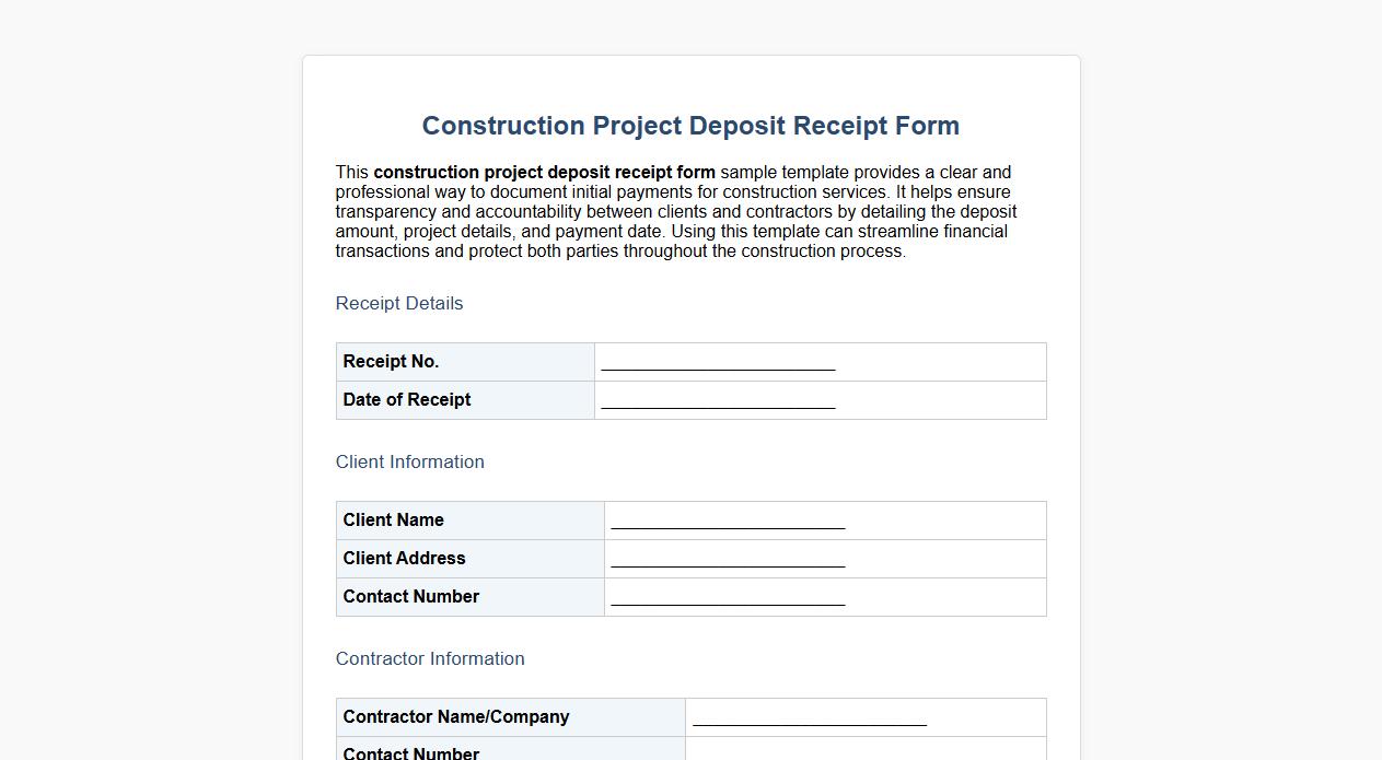 Construction project deposit receipt form sample template image preview