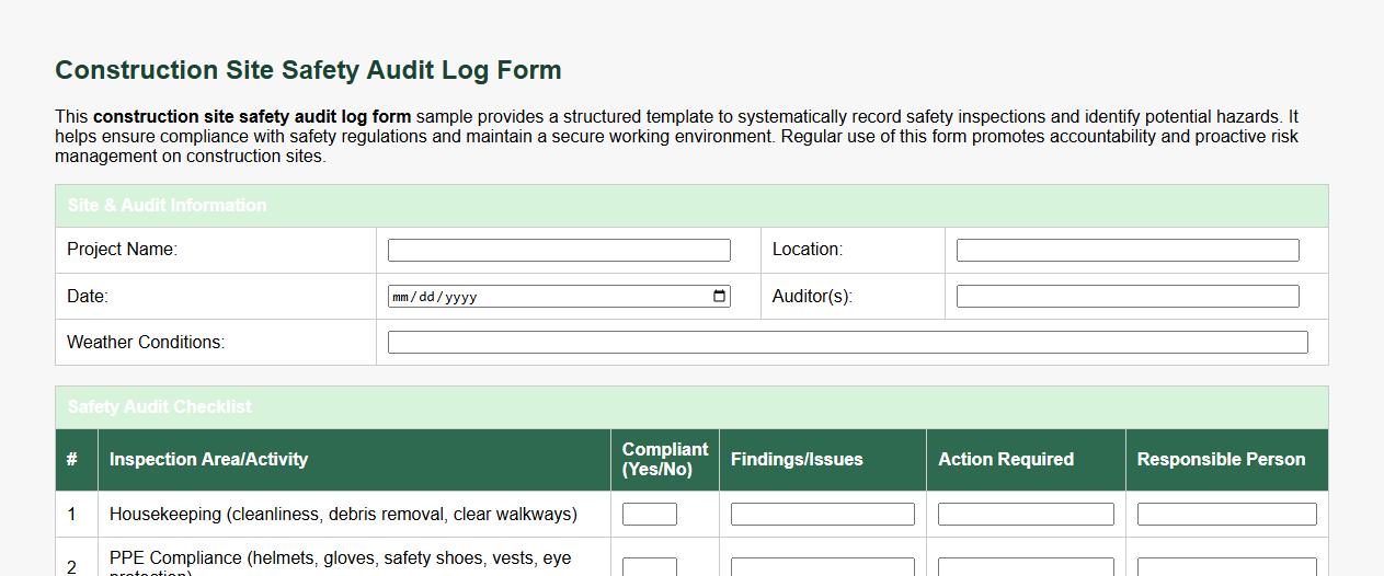 construction site safety audit log form sample image preview