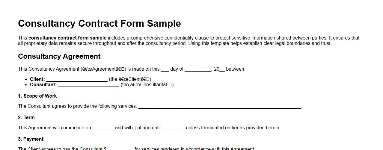 Consultancy contract form sample with confidentiality clause image preview
