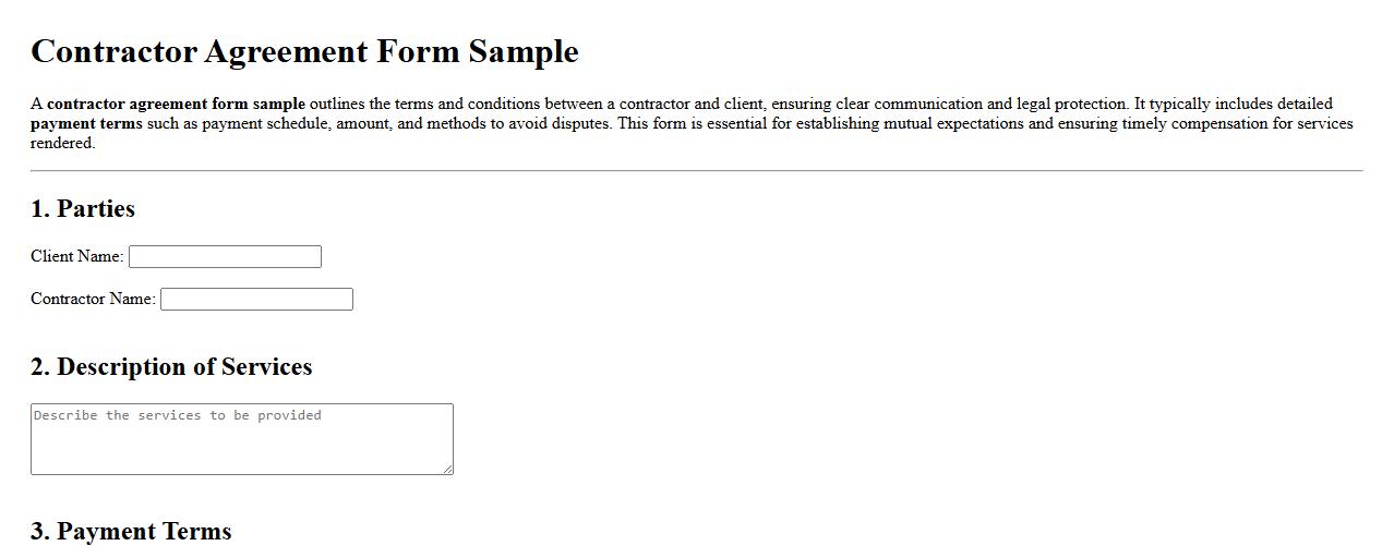 contractor agreement form sample with payment terms image preview