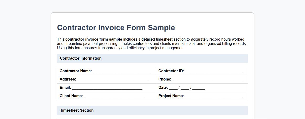 Contractor invoice form sample with timesheet section image preview