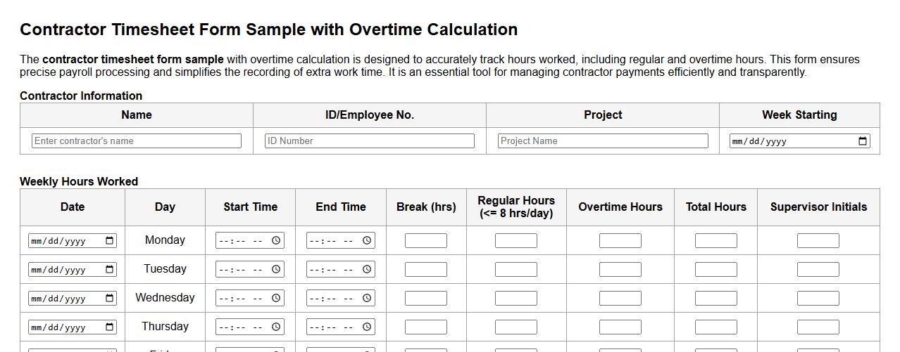 contractor timesheet form sample with overtime calculation image preview