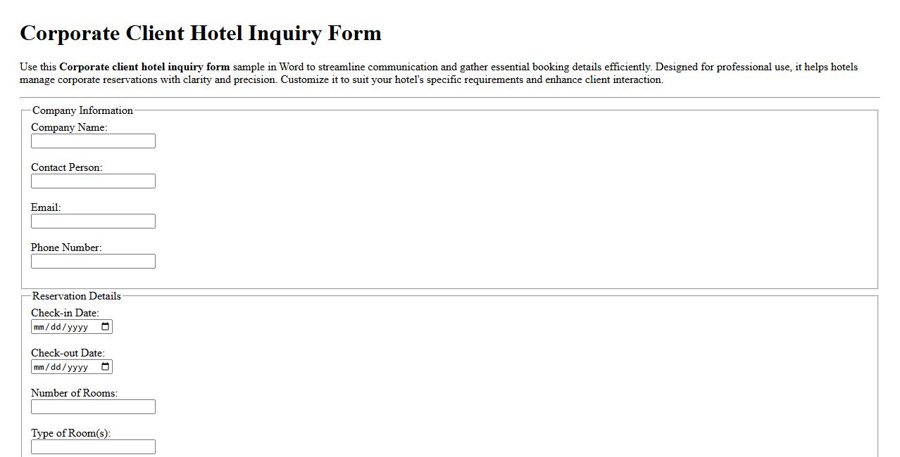 Corporate client hotel inquiry form sample word image preview