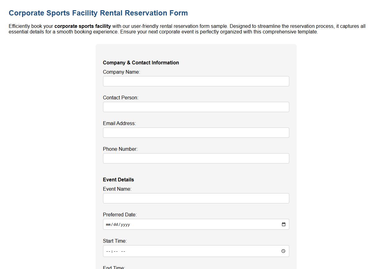 corporate sports facility rental reservation form sample image preview