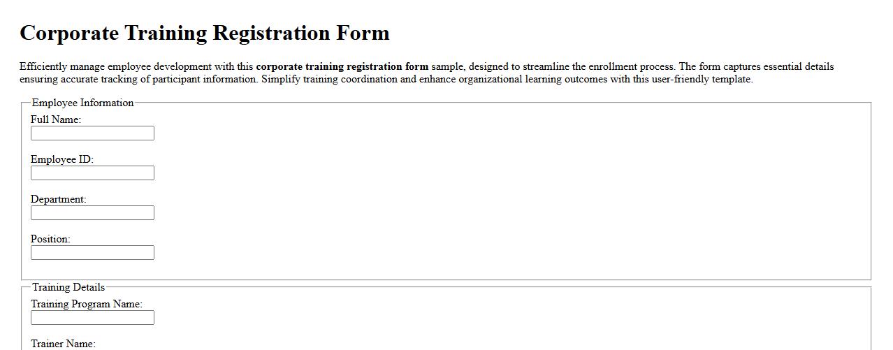 Corporate training registration form sample for employees image preview