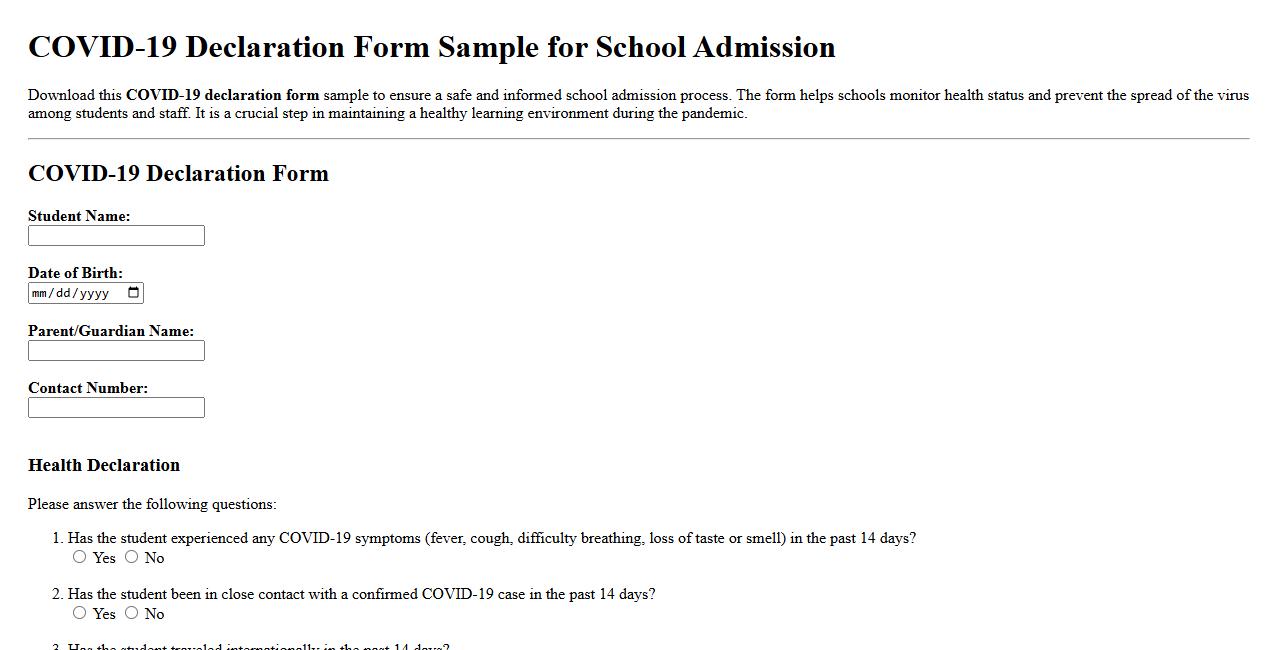 COVID-19 declaration form sample for school admission image preview