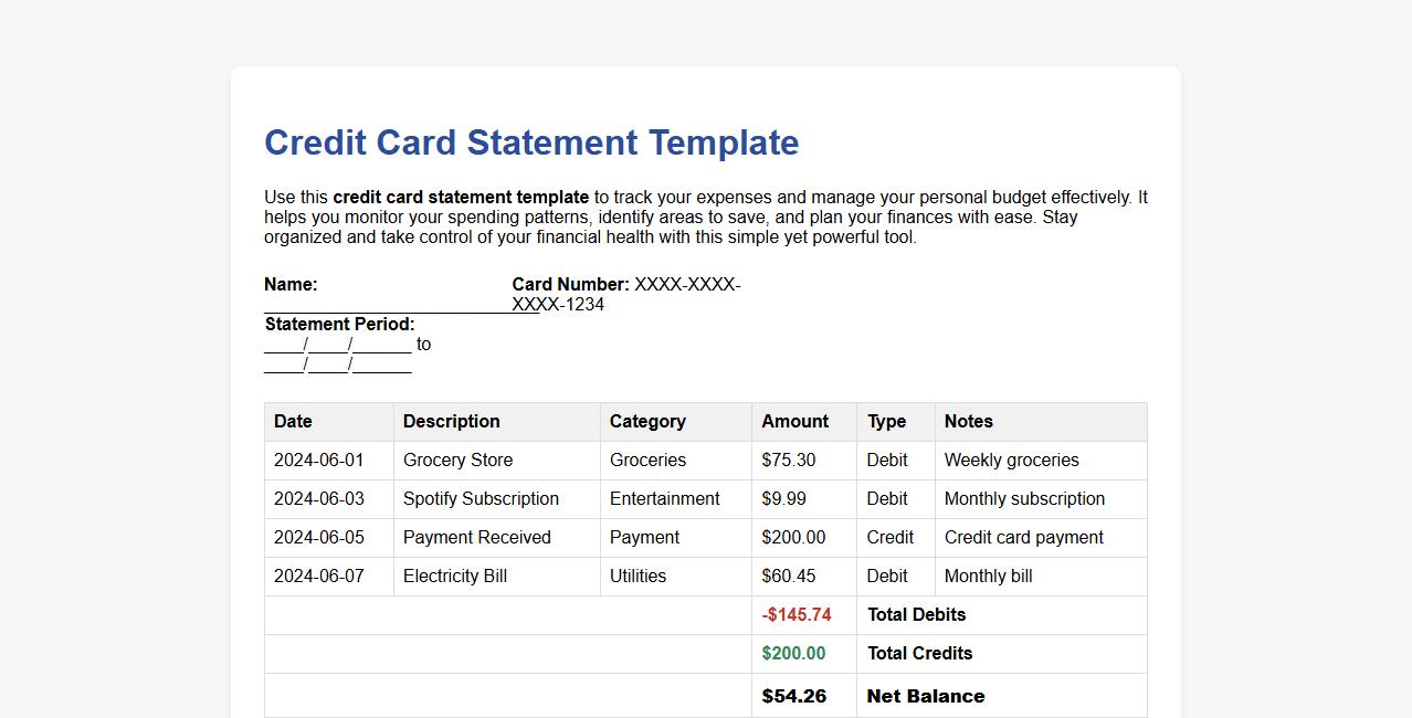 Credit card statement template for personal budgeting image preview
