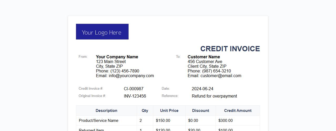 credit invoice form sample with company logo image preview