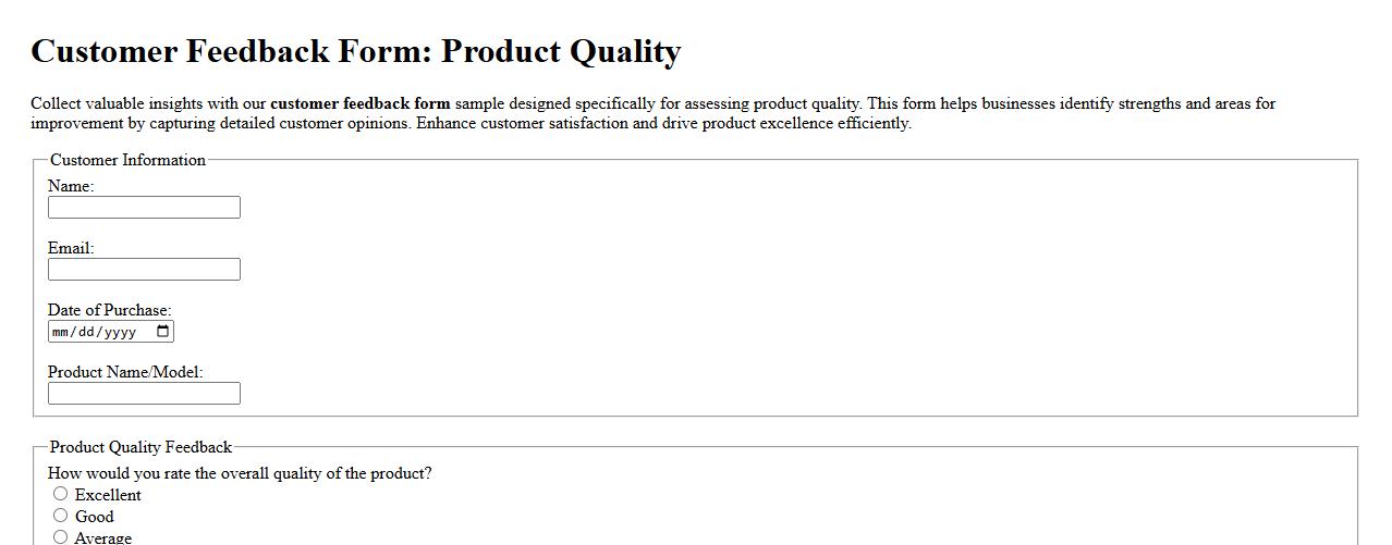 customer feedback form sample for product quality image preview