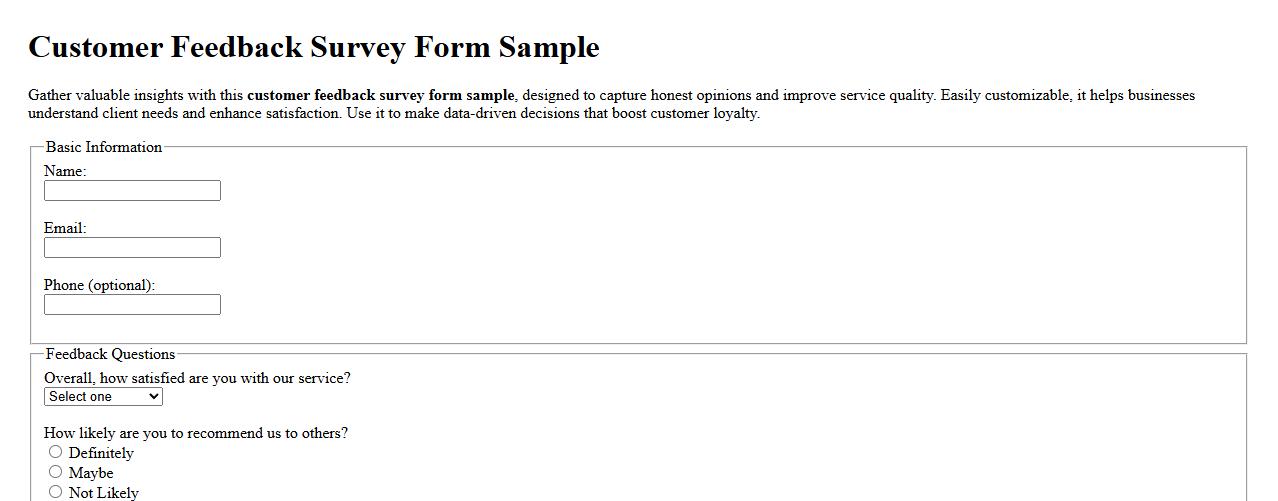 Customer feedback survey form sample image preview