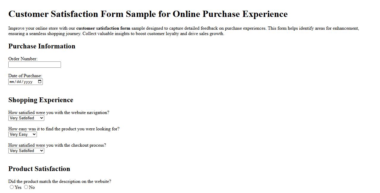 Customer satisfaction form sample for online purchase experience image preview
