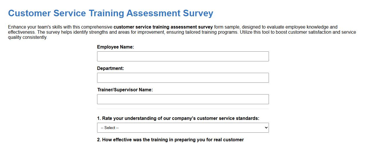 customer service training assessment survey form sample image preview