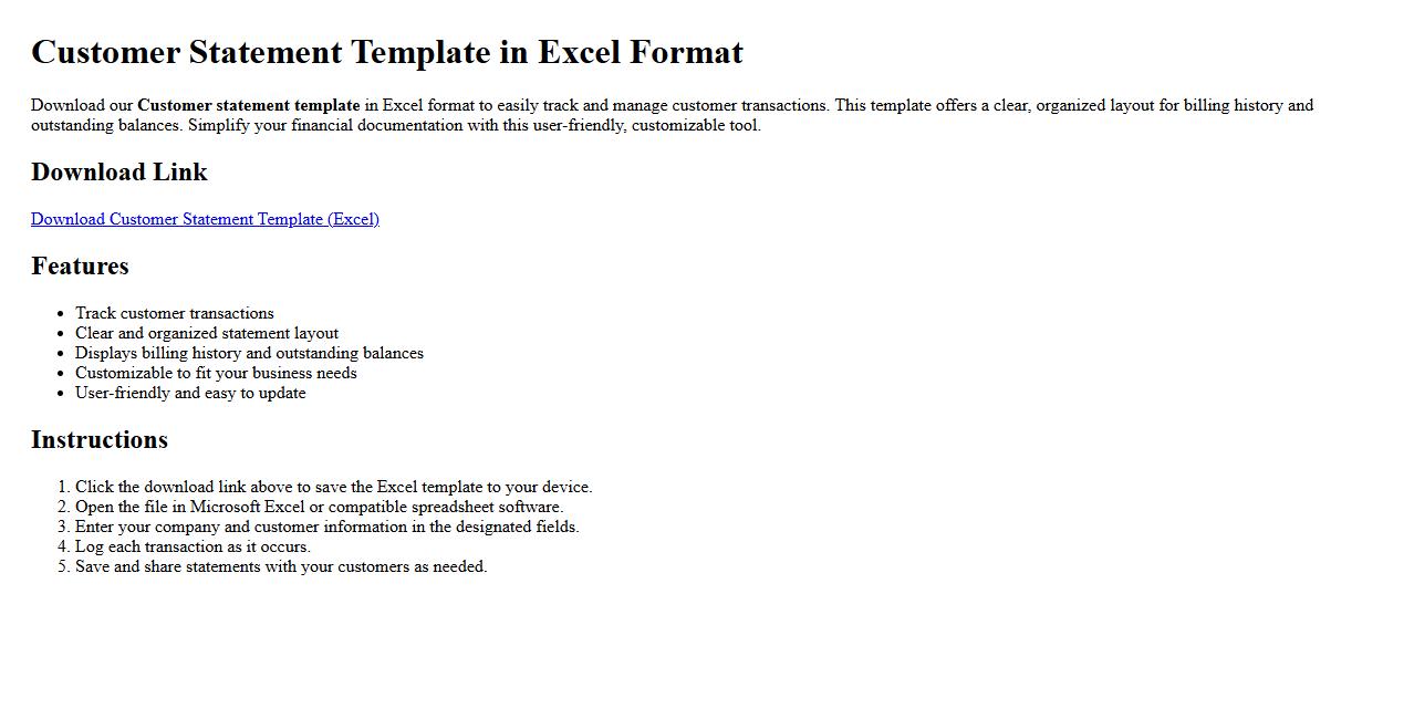 Customer statement template in Excel format image preview