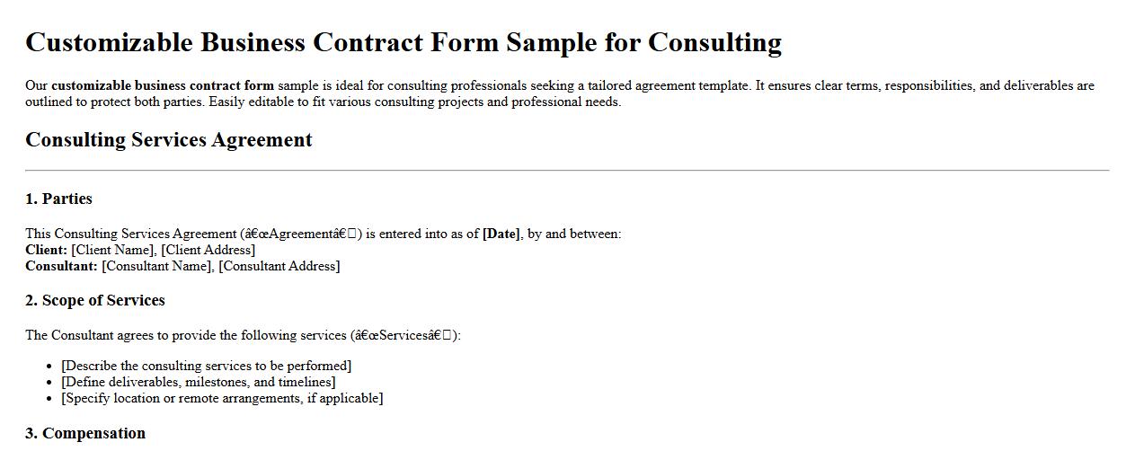 Customizable business contract form sample for consulting image preview