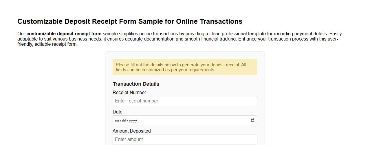 Customizable deposit receipt form sample for online transactions image preview