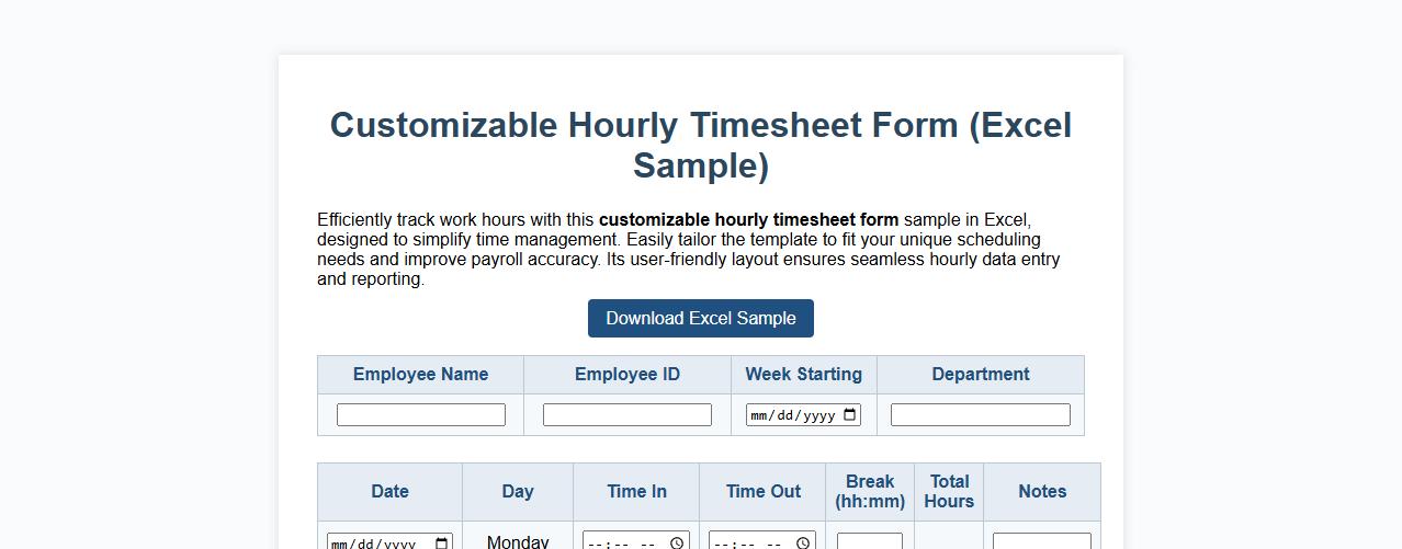customizable hourly timesheet form sample Excel image preview