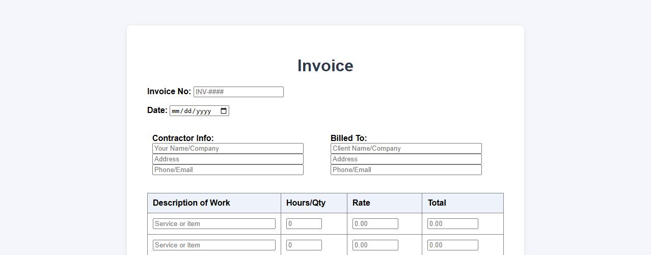 Customizable invoice form sample for contractors image preview