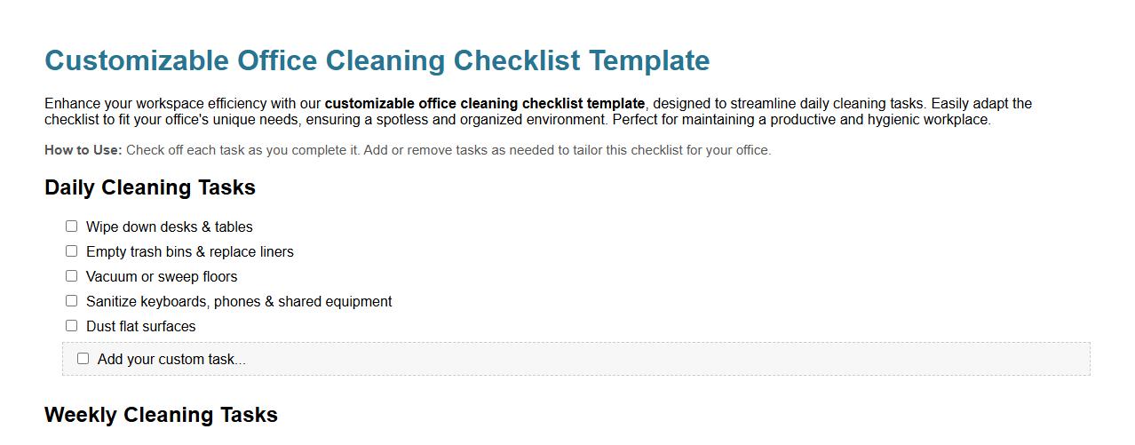 customizable office cleaning checklist template image preview