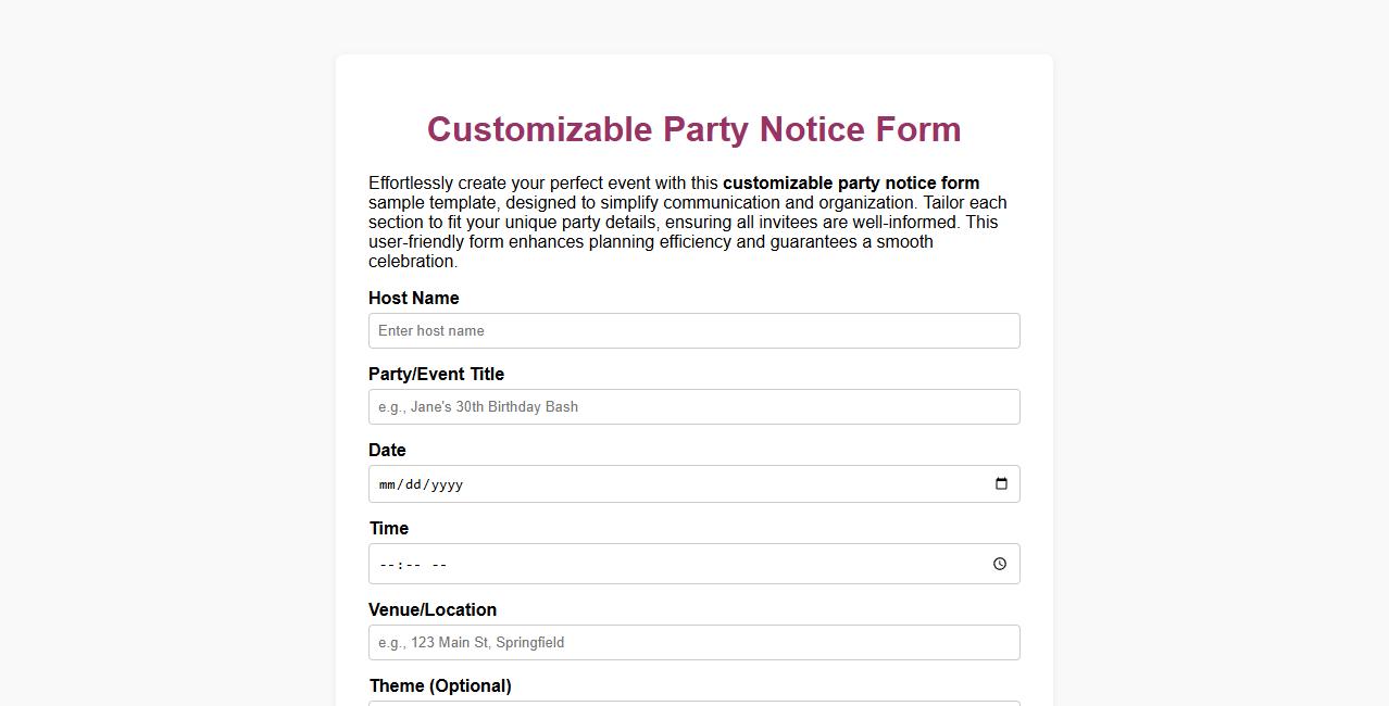 customizable party notice form sample template image preview