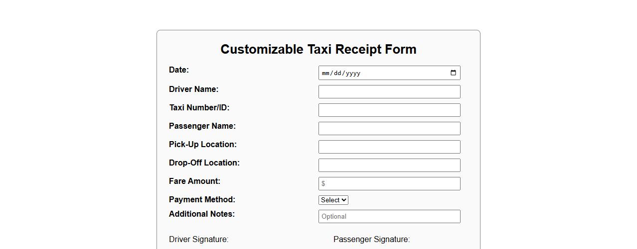 Customizable taxi receipt form sample for drivers image preview