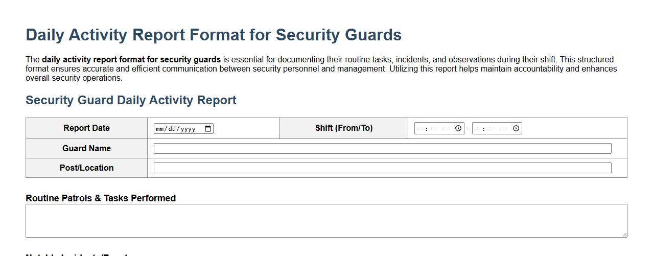 daily activity report format for security guards image preview