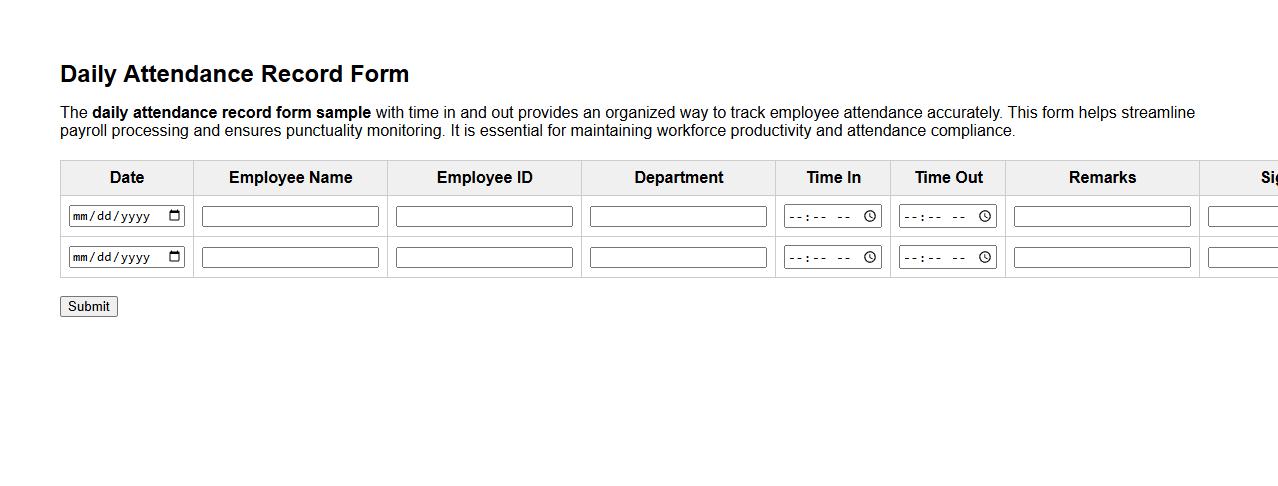 Daily attendance record form sample with time in and out image preview