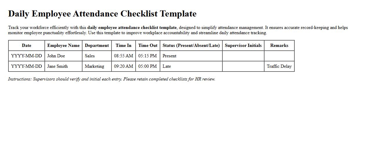 Daily employee attendance checklist template image preview
