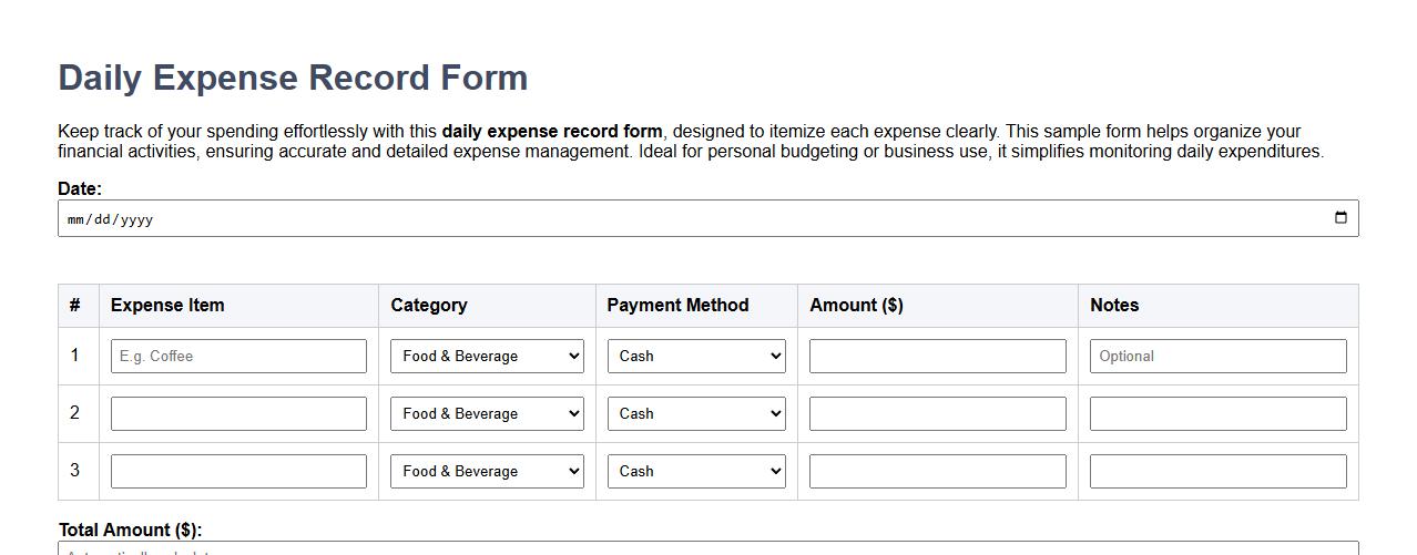 Daily expense record form sample with itemized expenses image preview