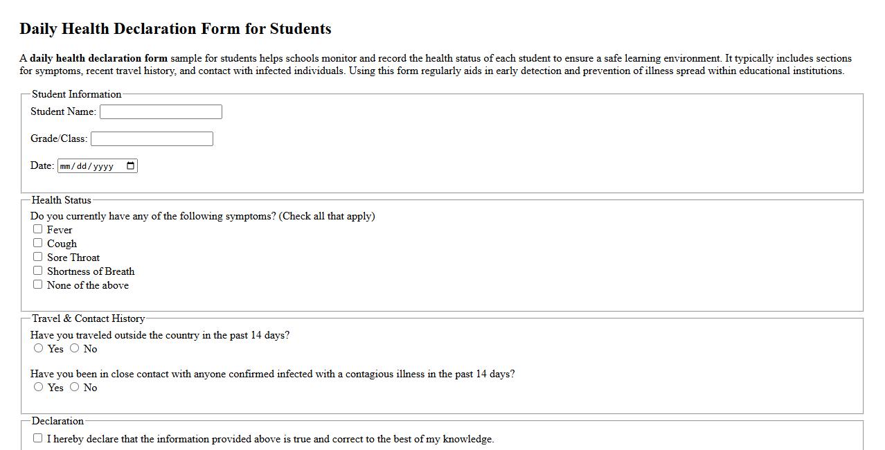 Daily health declaration form sample for students image preview