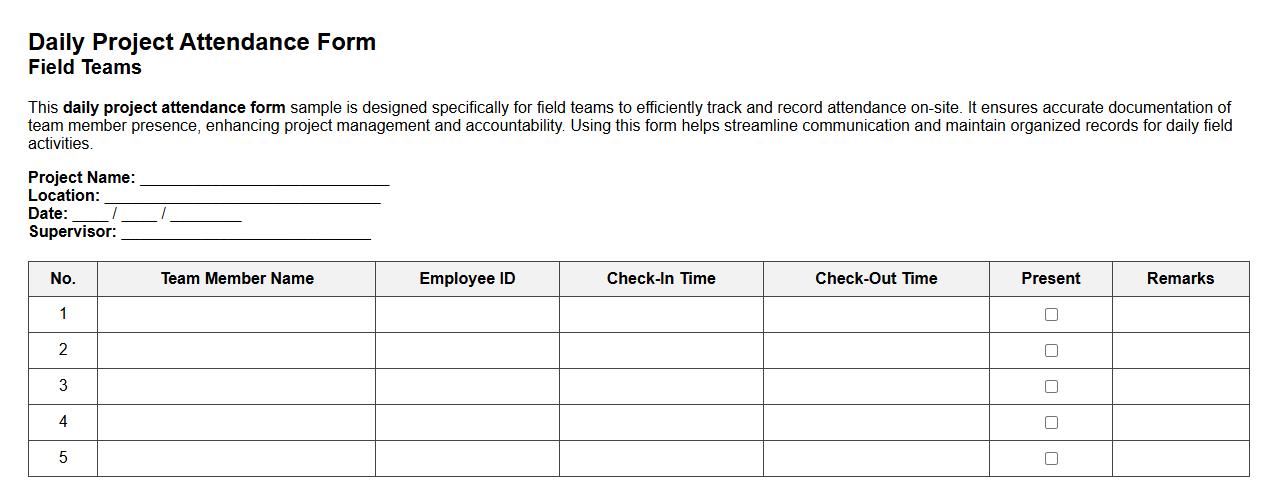 daily project attendance form sample for field teams image preview