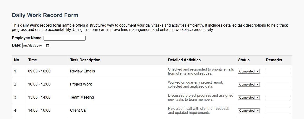 Daily work record form sample including task descriptions image preview