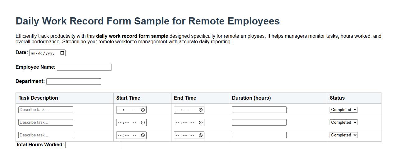 Daily work record form sample for remote employees image preview