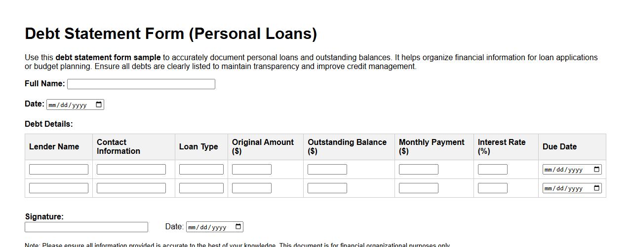 Debt statement form sample for personal loans image preview